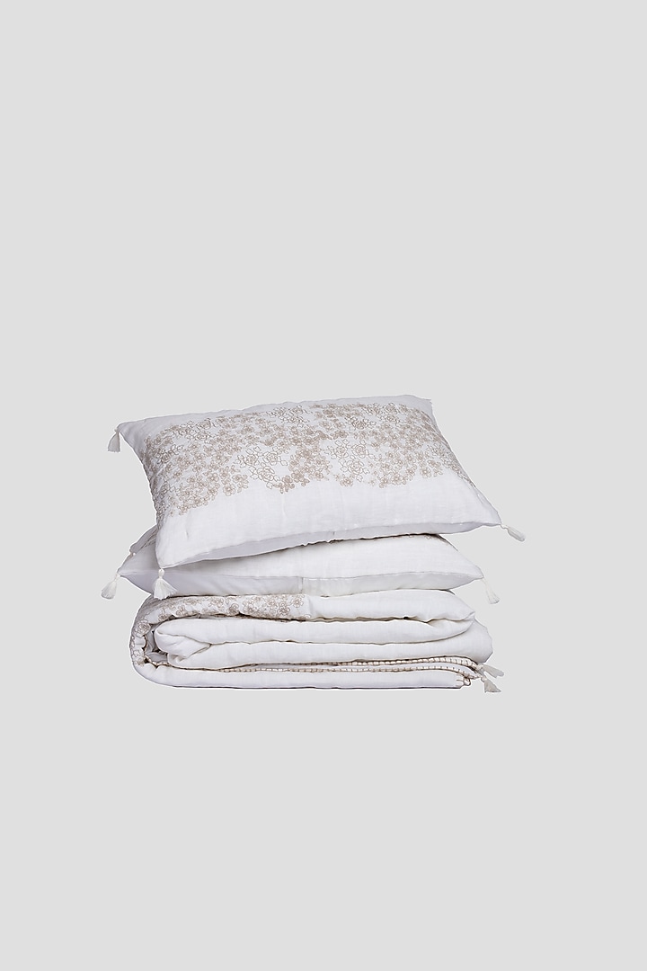 Ivory Linen Elara Embroidered Bedspread Set Of 3 by Aplito at Pernia's Pop Up Shop