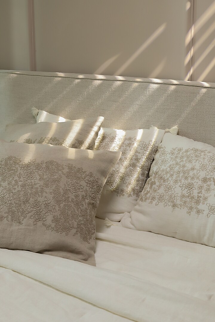 Ivory Linen Elara Embroidered Bedspread Set Of 3 by Aplito at Pernia's Pop Up Shop