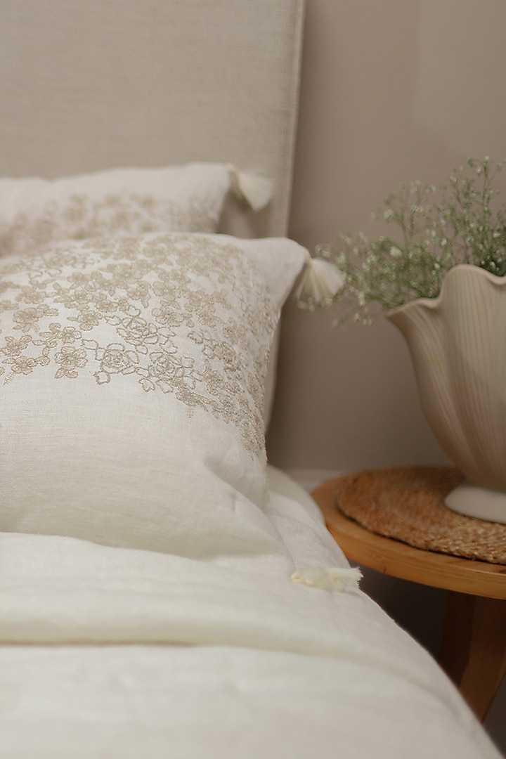 Ivory Linen Elara Embroidered Bedspread Set Of 3 by Aplito at Pernia's Pop Up Shop