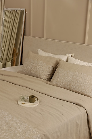 Beige Linen Elara Embroidered Bedspread Set Of 3 by Aplito