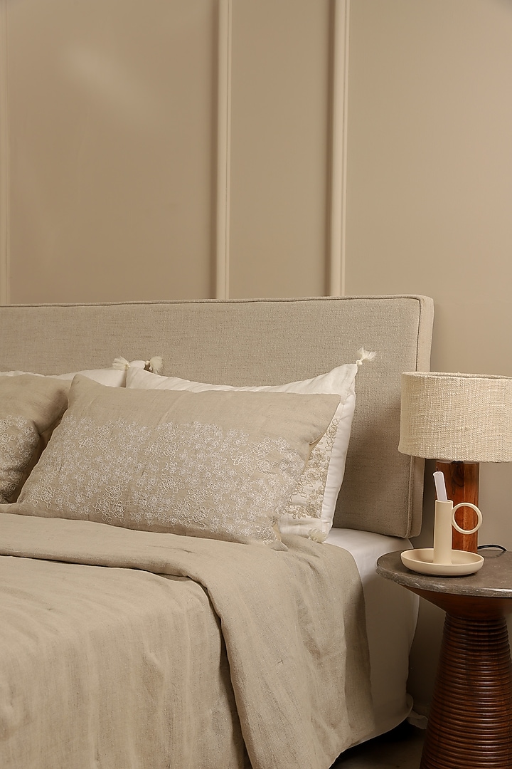 Beige Linen Elara Embroidered Bedspread Set Of 3 by Aplito at Pernia's Pop Up Shop