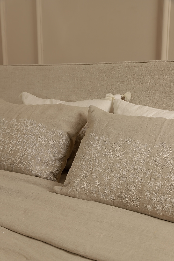Beige Linen Elara Embroidered Bedspread Set Of 3 by Aplito at Pernia's Pop Up Shop