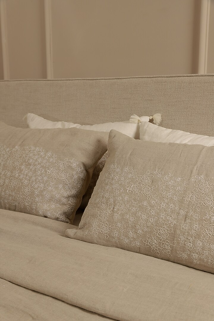Beige Linen Elara Embroidered Bedspread Set Of 3 by Aplito at Pernia's Pop Up Shop
