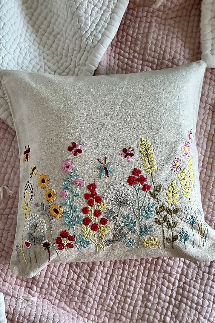 Beige Cotton Floral Hand Embroidered Cushion Cover by Aplito