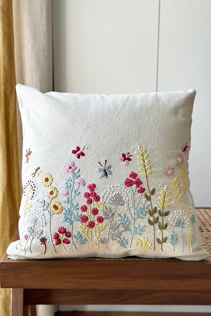 Beige Cotton Floral Hand Embroidered Cushion Cover by Aplito at Pernia's Pop Up Shop