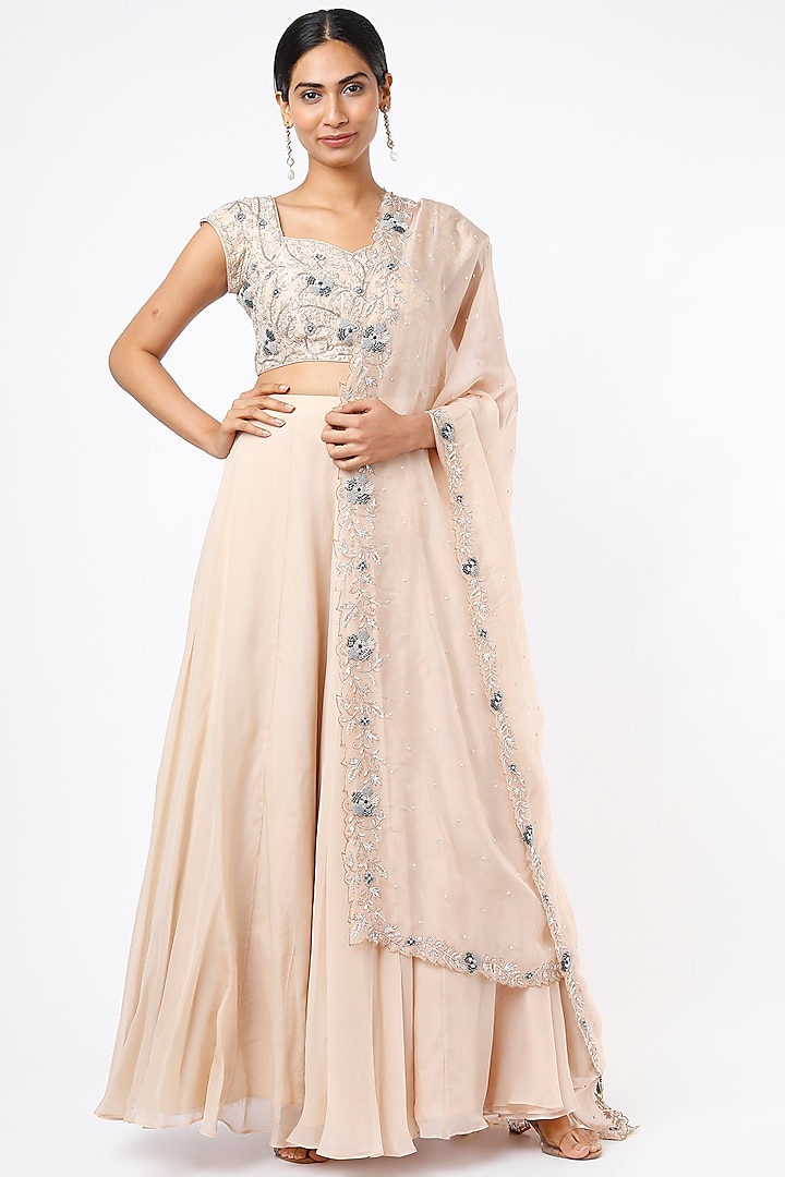 Beige Soft Organza Lehenga Set by Anupraas