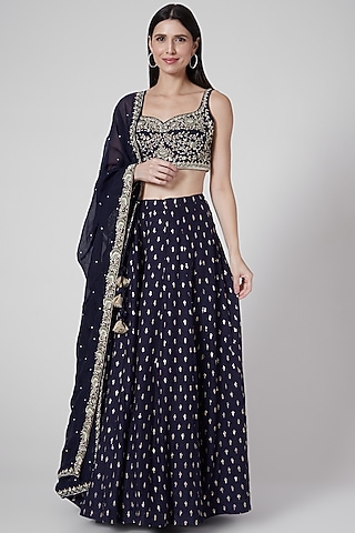 Midnight Blue Embroidered Lehenga Set by Anupraas
