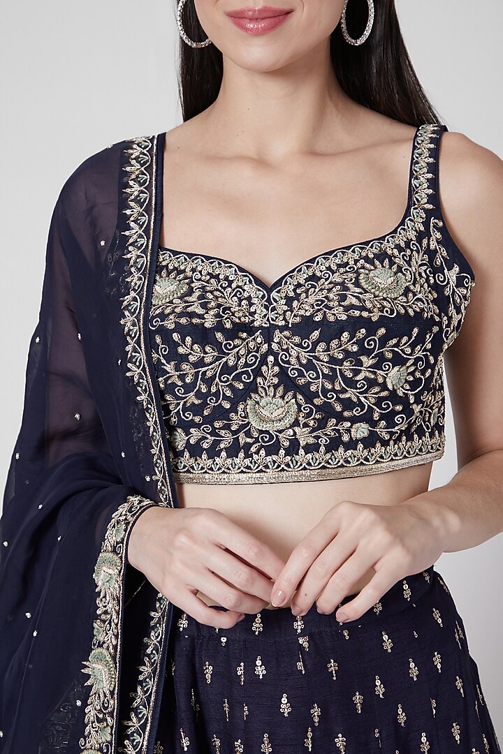 Midnight Blue Embroidered Wedding Lehenga Set by Anupraas at Pernia's Pop Up Shop