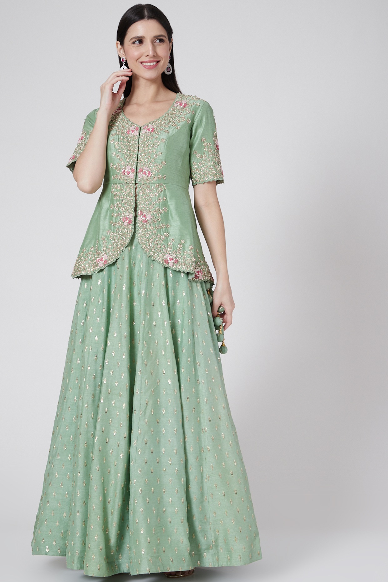 Mint Green Embroidered Skirt Set Design by Anupraas at Pernia's Pop Up Shop  2024