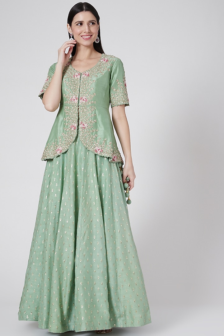 Mint Green Bemberg Silk Zardosi Embroidered Skirt Set by Anupraas at Pernia's Pop Up Shop