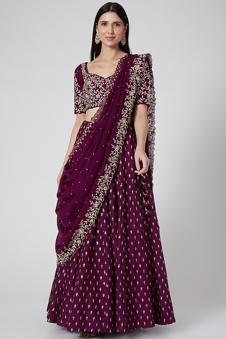 Wine Embroidered Wedding Lehenga Set by Anupraas at Pernia's Pop Up Shop