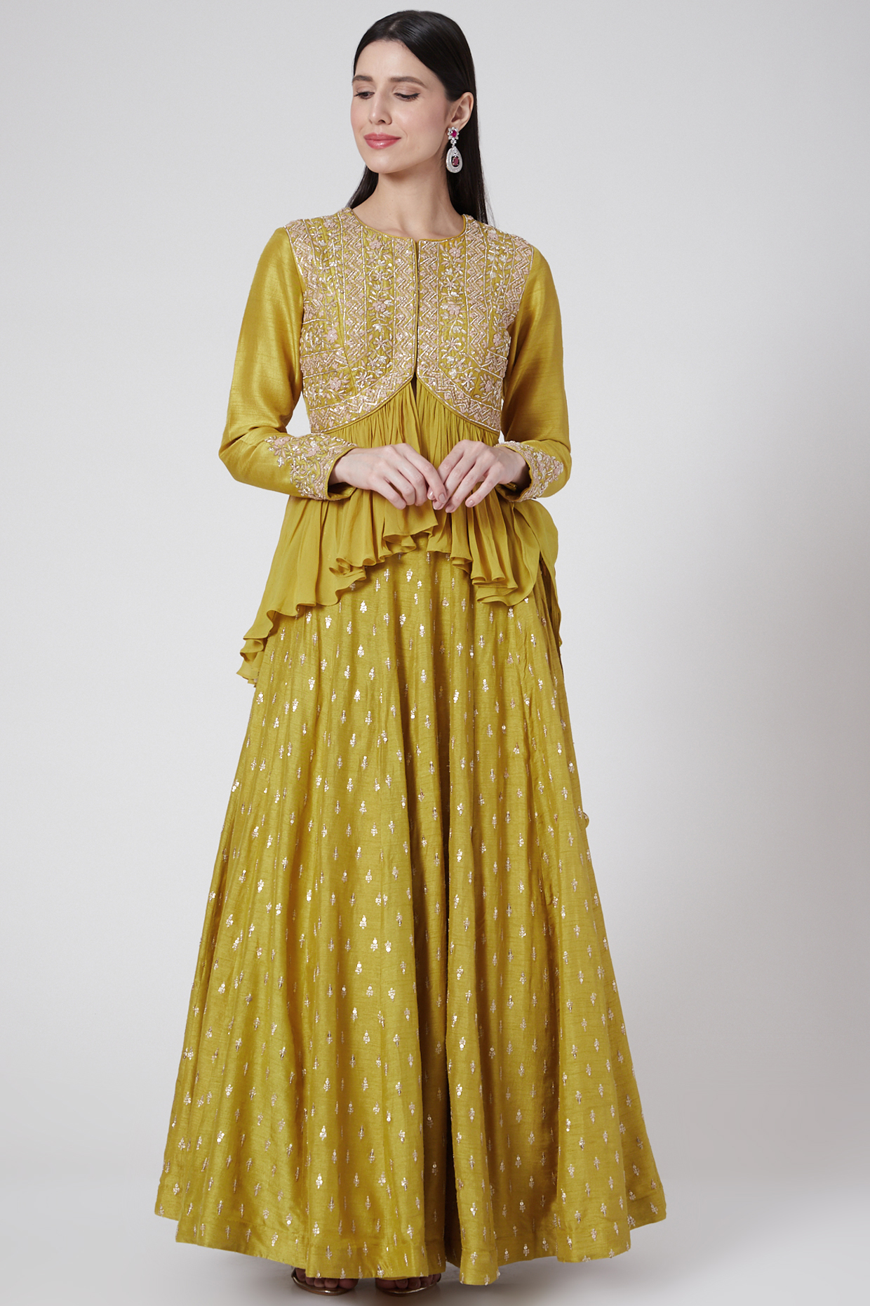 Mustard Yellow Embroidered Skirt Set by Anupraas