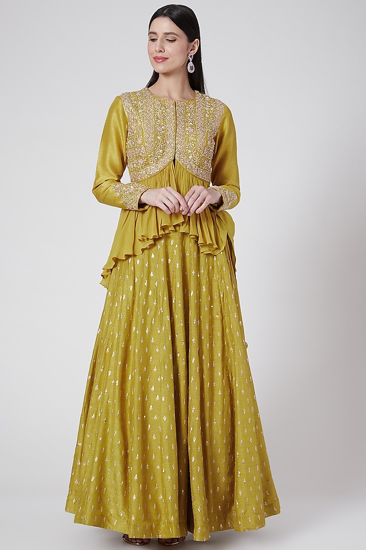 Mustard Yellow Embroidered Skirt Set by Anupraas