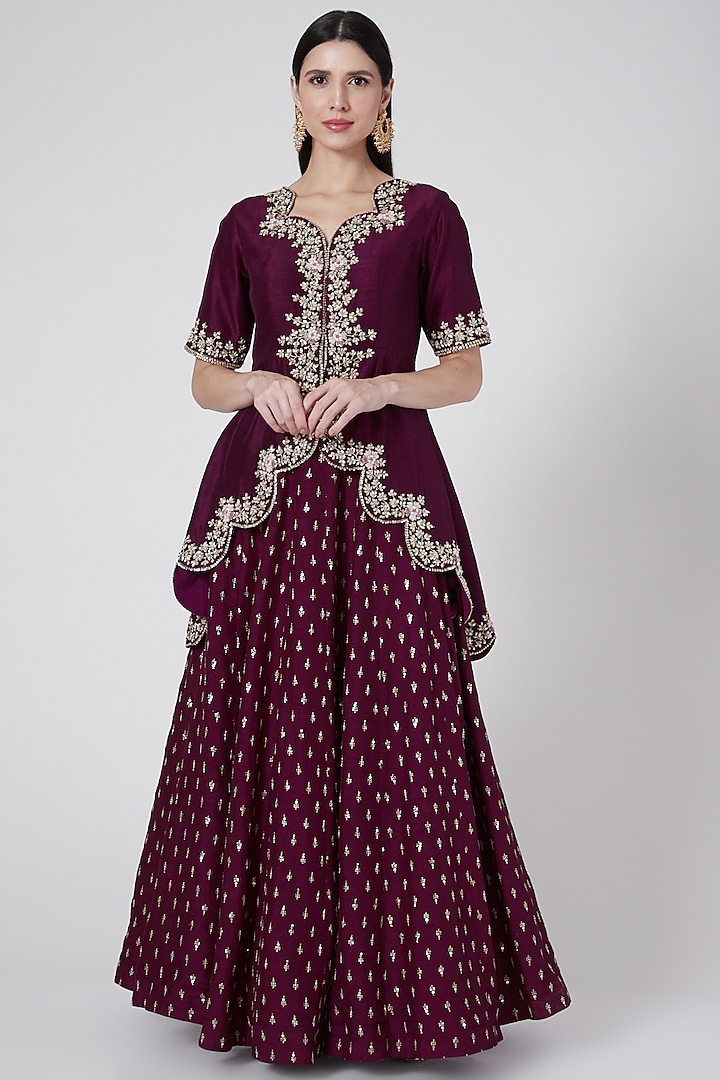 Wine Zari Embroidered Skirt Set by Anupraas