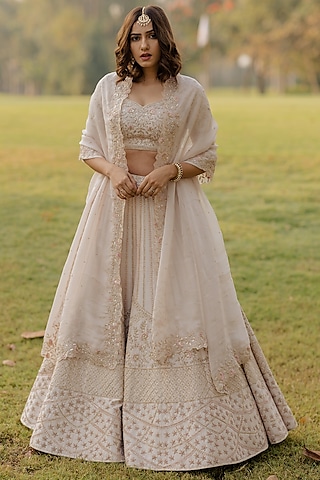 Sky Pink Embroidered Lehenga Set by Anupraas