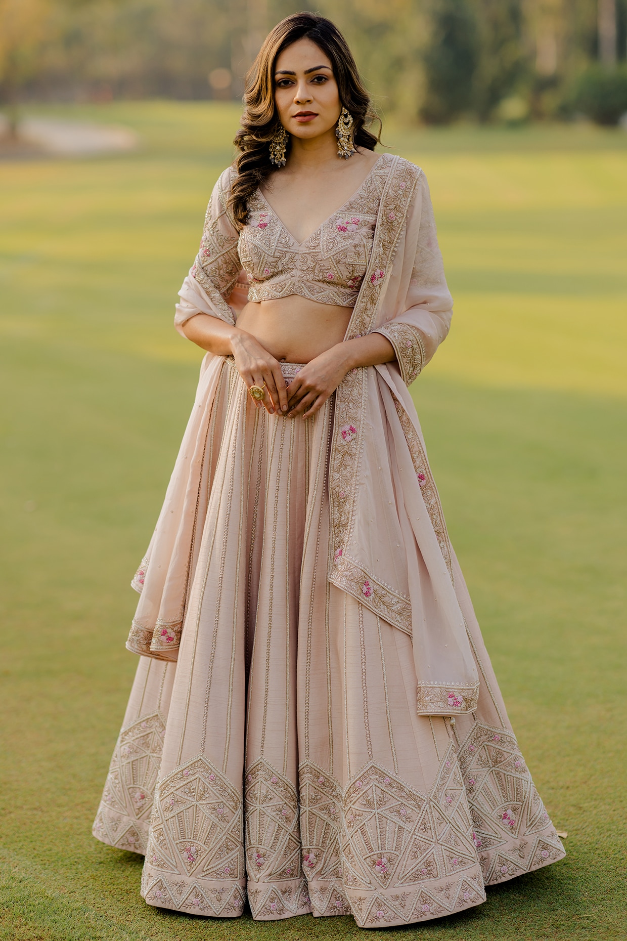 Peach & Off White Ombre Hand Embroidered Lehenga Set Design by Nehha Nhata  at Pernia's Pop Up Shop 2024