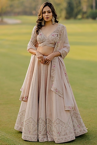 Sand Peach Embroidered Lehenga Set by Anupraas