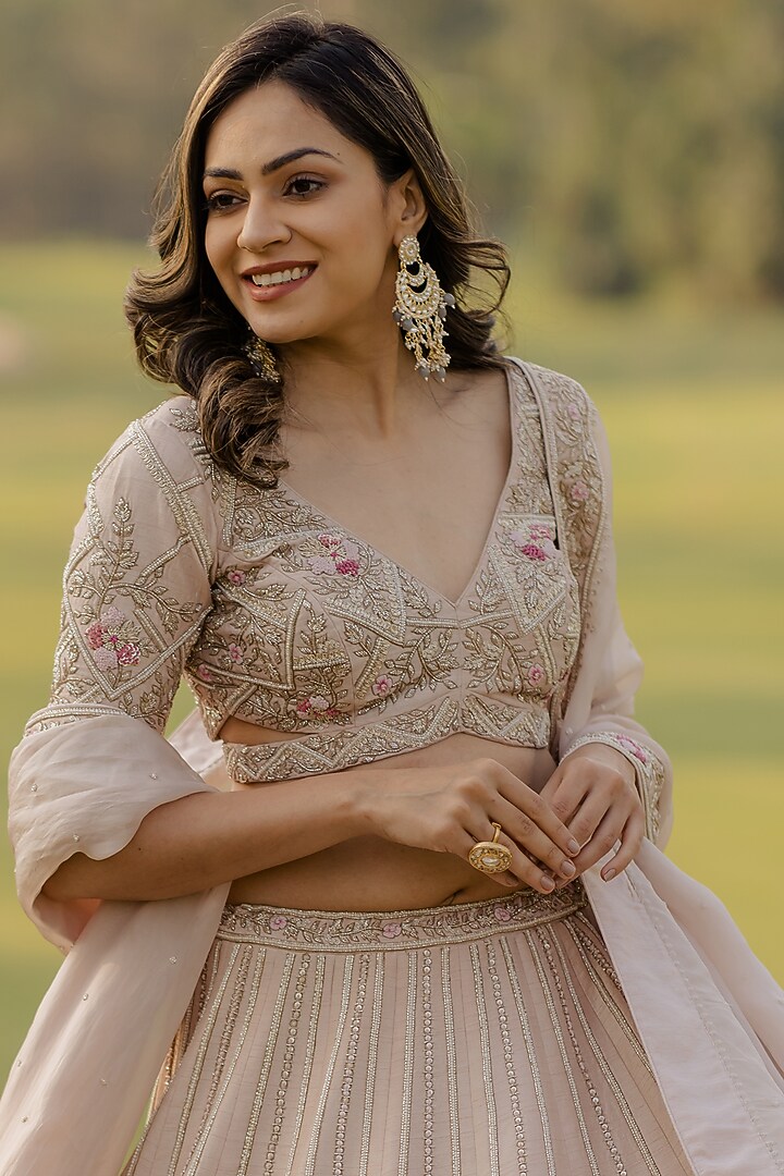 Sand Peach Embroidered Wedding Lehenga Set by Anupraas at Pernia's Pop Up Shop