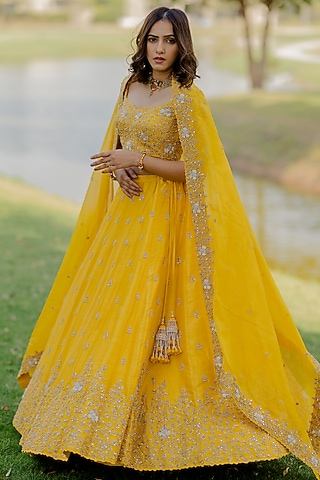 Mustard Embroidered Lehenga Set by Anupraas