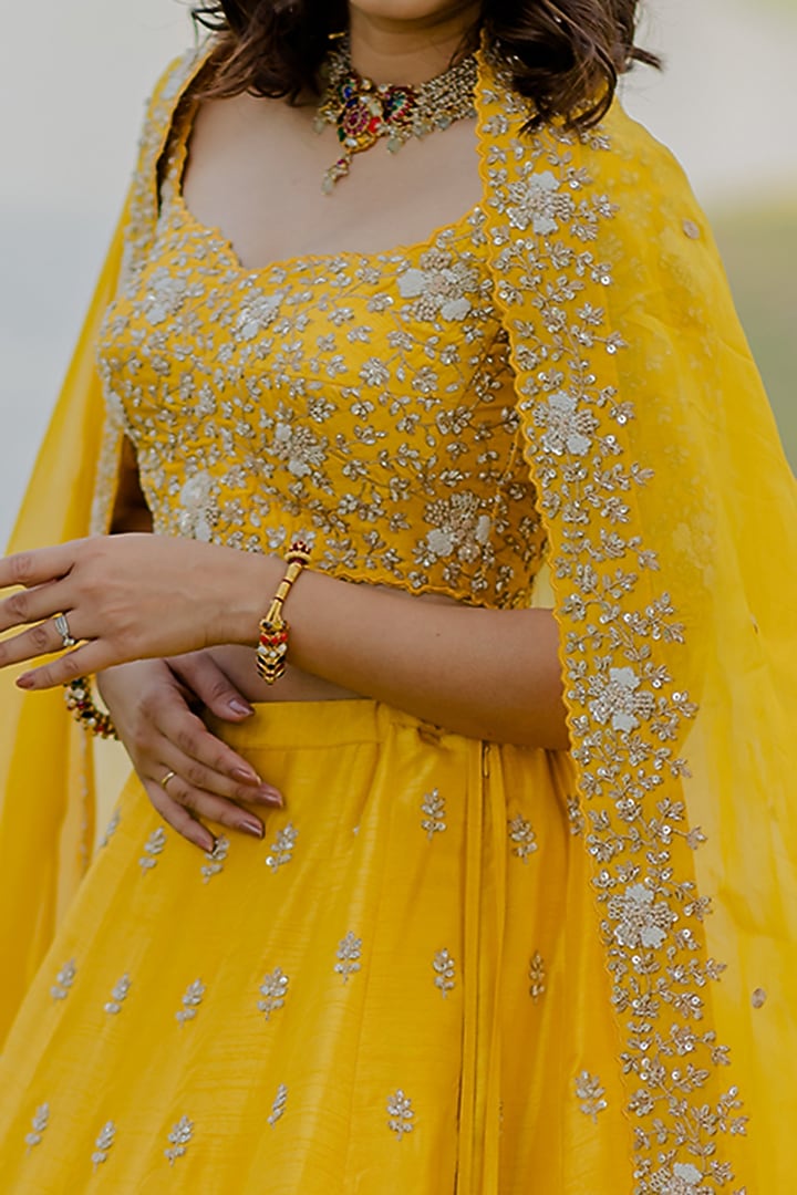 Mustard Embroidered Wedding Lehenga Set by Anupraas at Pernia's Pop Up Shop