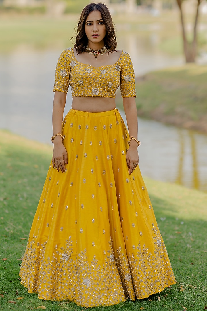 Mustard Embroidered Wedding Lehenga Set by Anupraas at Pernia's Pop Up Shop