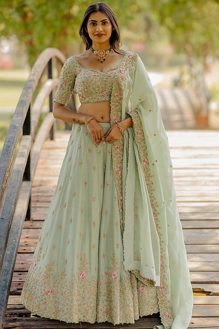 Mint Embroidered Lehenga Set by Anupraas