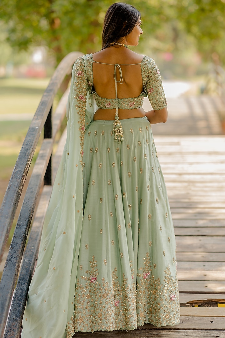 Mint Embroidered Wedding Lehenga Set by Anupraas at Pernia's Pop Up Shop