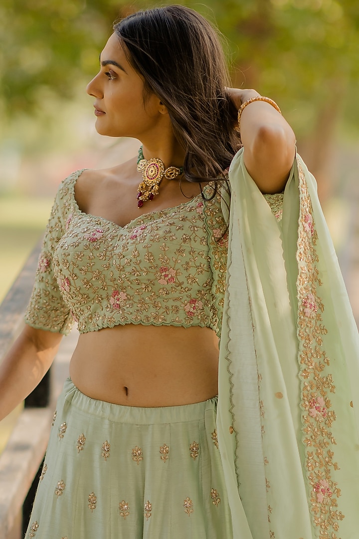 Mint Embroidered Wedding Lehenga Set by Anupraas at Pernia's Pop Up Shop
