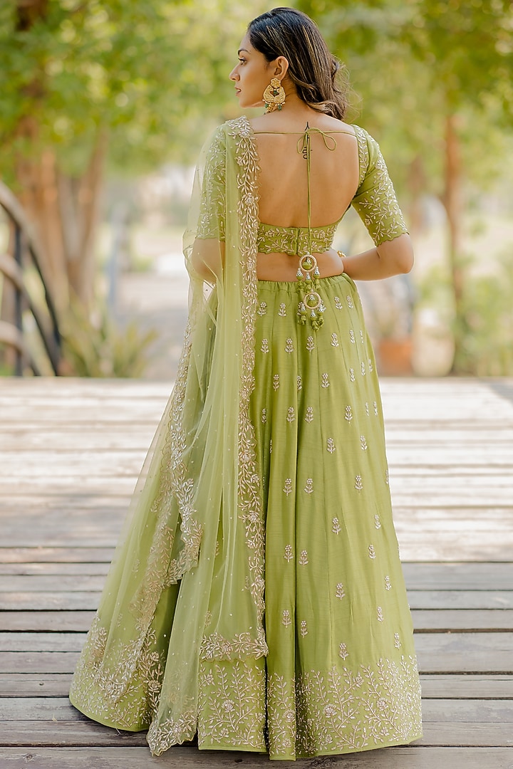 Leaf Green Embroidered Wedding Lehenga Set by Anupraas at Pernia's Pop Up Shop