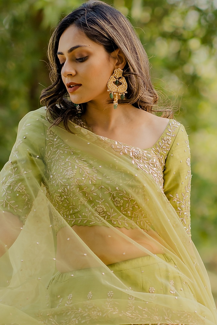 Leaf Green Embroidered Wedding Lehenga Set by Anupraas at Pernia's Pop Up Shop