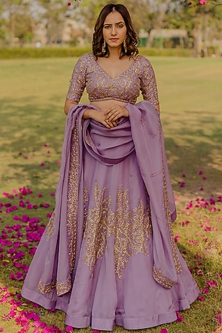 Lilac Zardosi Embroidered Lehenga Set by Anupraas