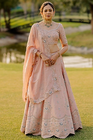 Peach Embroidered Lehenga Set by Anupraas