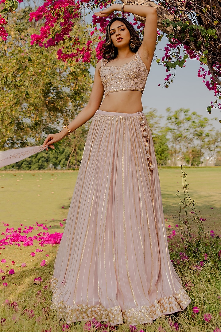 Sky Pink Sequins Embroidered Lehenga Set by Anupraas