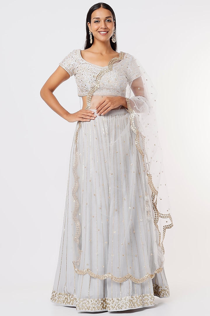 Ice Grey Embroidered Lehenga Set by Anupraas