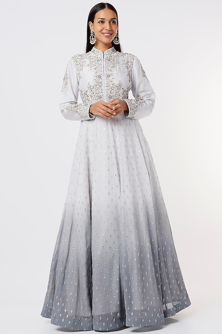 Ice Grey Embroidered Anarkali by Anupraas