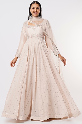 Beige Embroidered Anarkali Set by Anupraas