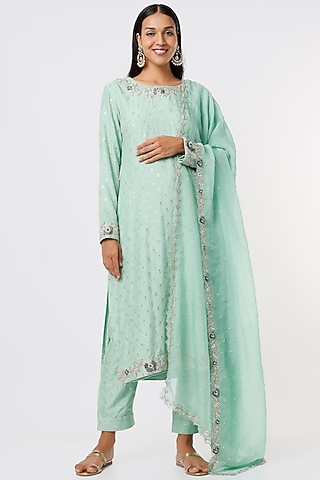 Sea Green Embroidered Kurta Set by Anupraas