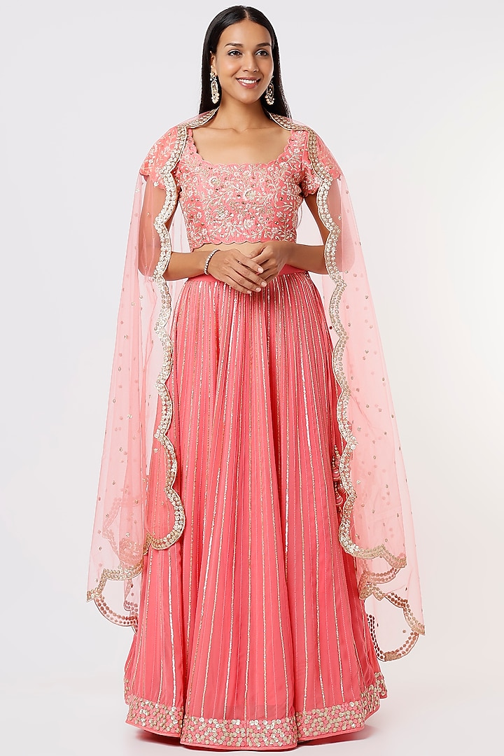 Coral Embroidered Lehenga Set by Anupraas