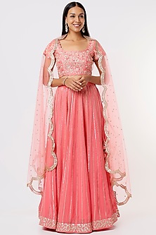 Coral Embroidered Lehenga Set by Anupraas-POPULAR PRODUCTS AT STORE