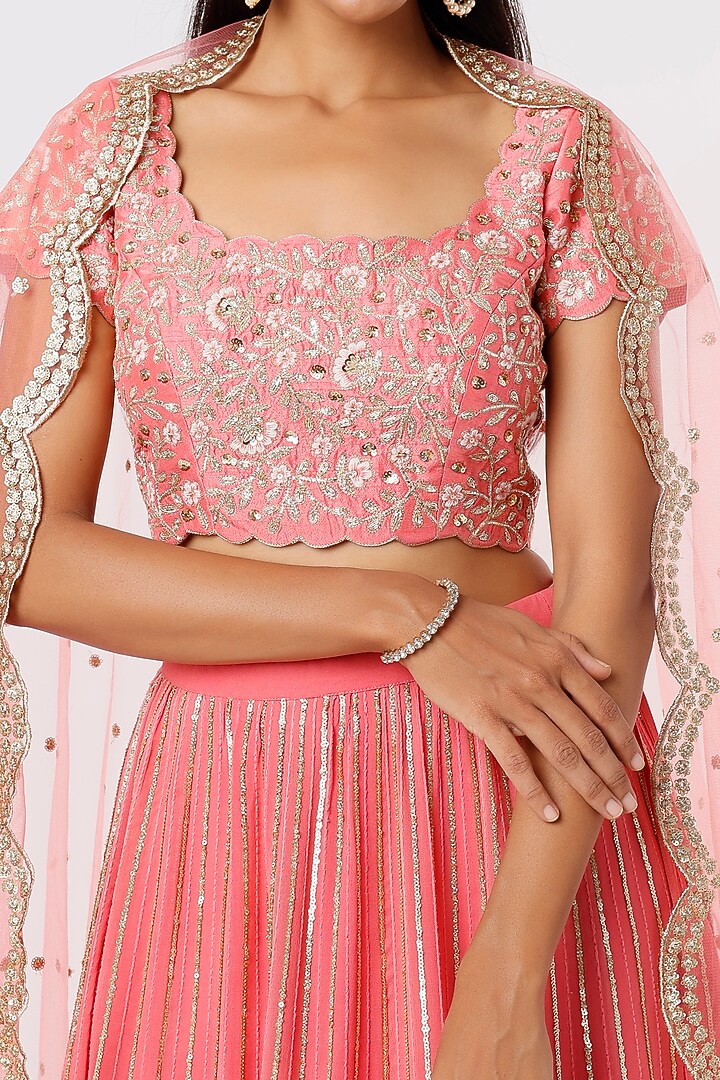Coral Embroidered Wedding Lehenga Set by Anupraas at Pernia's Pop Up Shop