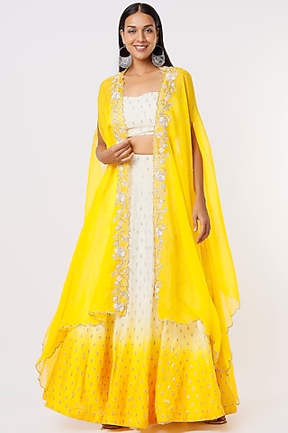 Yellow Bemberg Silk Embroidered Jacket Lehenga Set by Anupraas