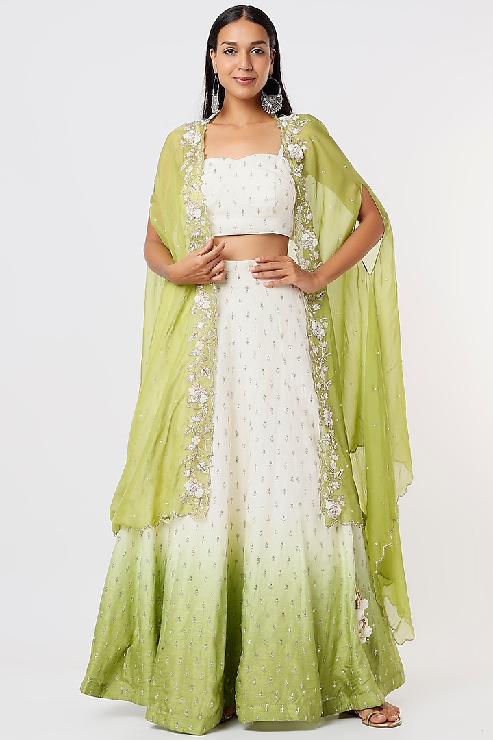 Mehendi Green Embroidered Lehenga Set With Cape by Anupraas