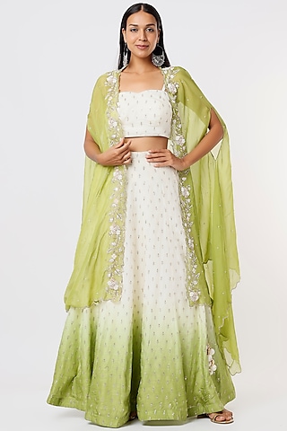 Mehendi Green Bemberg Silk Embroidered Jacket Lehenga Set by Anupraas