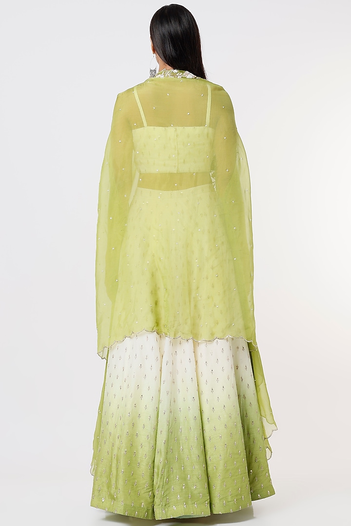 Mehendi Green Bemberg Silk Embroidered Jacket Wedding Lehenga Set by Anupraas at Pernia's Pop Up Shop