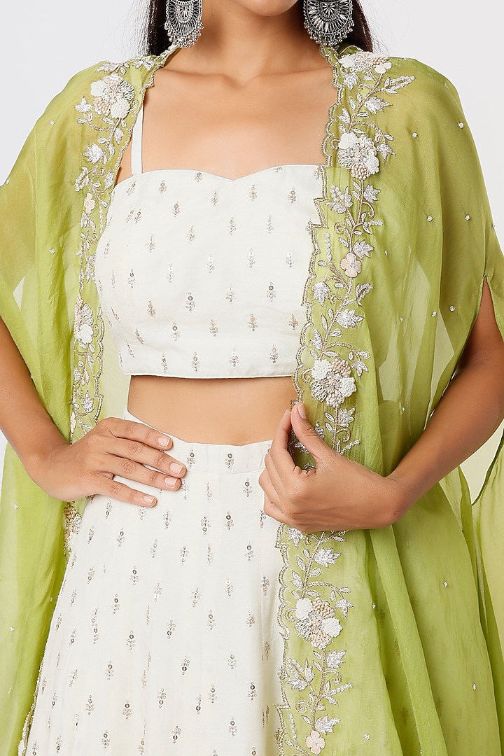 Mehendi Green Bemberg Silk Embroidered Jacket Wedding Lehenga Set by Anupraas at Pernia's Pop Up Shop
