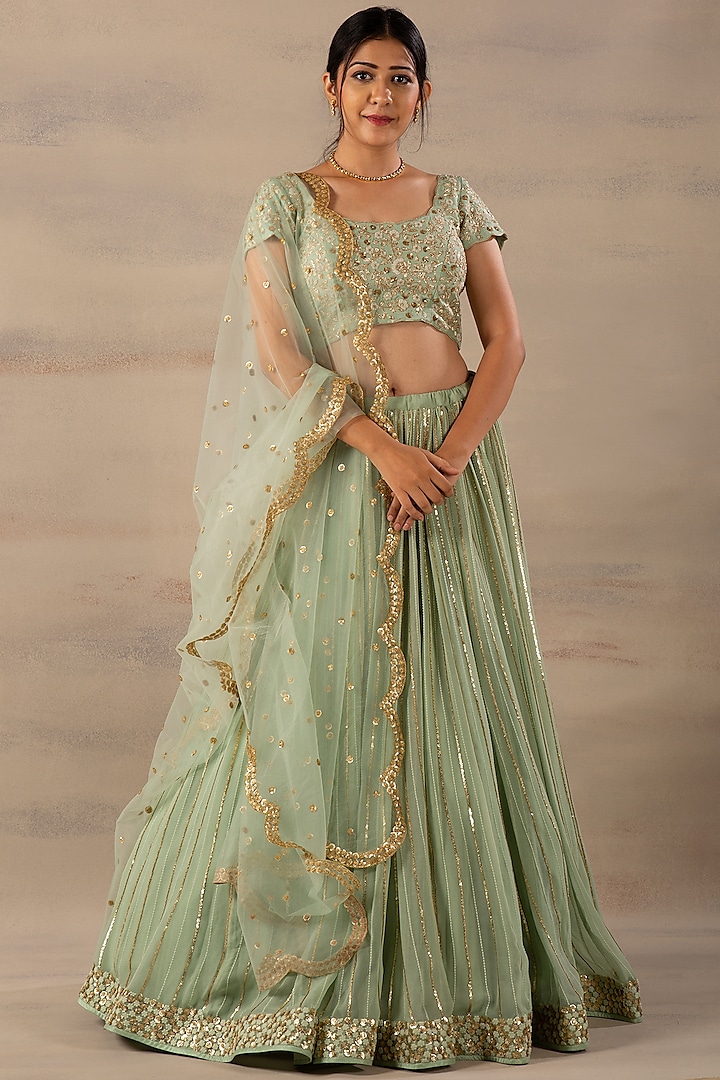 Mint Green Embroidered Lehenga Set by Anupraas