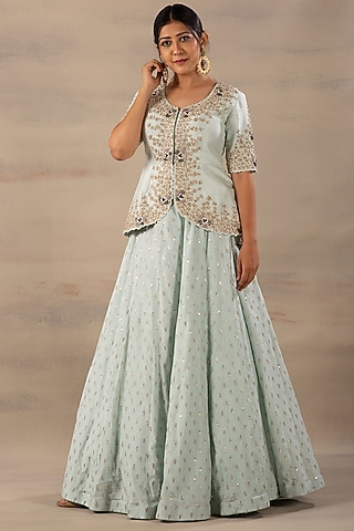 Ice Blue Embroidered Lehenga Set by Anupraas