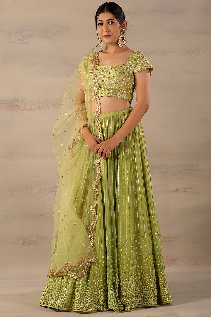 Parrot Green Embroidered Lehenga Set by Anupraas