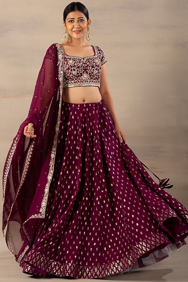 Wine Embroidered Wedding Lehenga Set by Anupraas at Pernia's Pop Up Shop