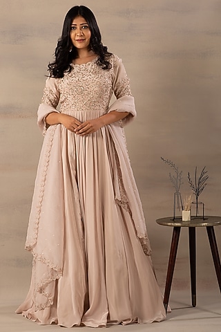 Nude Embroidered Kalidar Anarkali Set by Anupraas